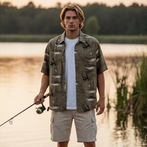 Magellan Sportswear Fishing Theme Button Up camp Shirt Bass Fish Outdoors size M